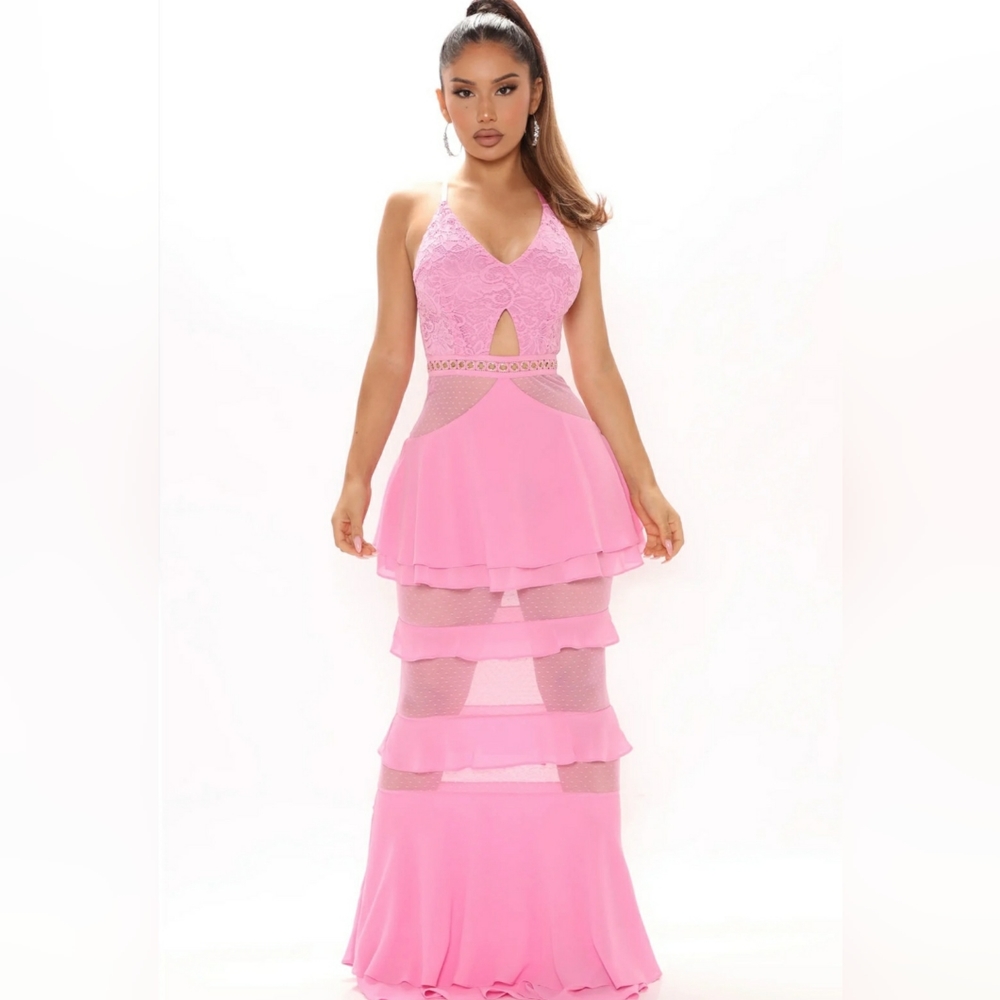 Pink Maxi Dress Spaghetti Straps Tiered Ruffles